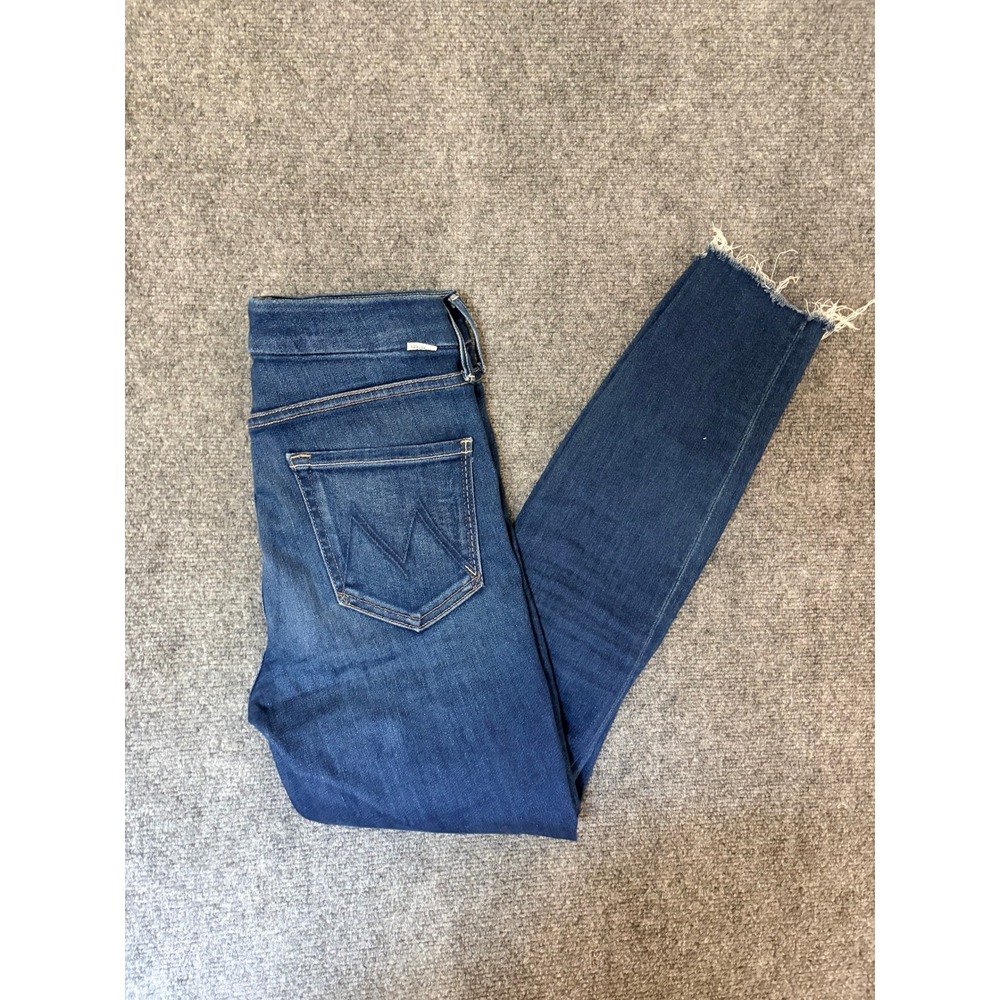 MOTHER High Waisted Skinny Jeans Dark Wash Raw Hem Size 27 Indigo Denim